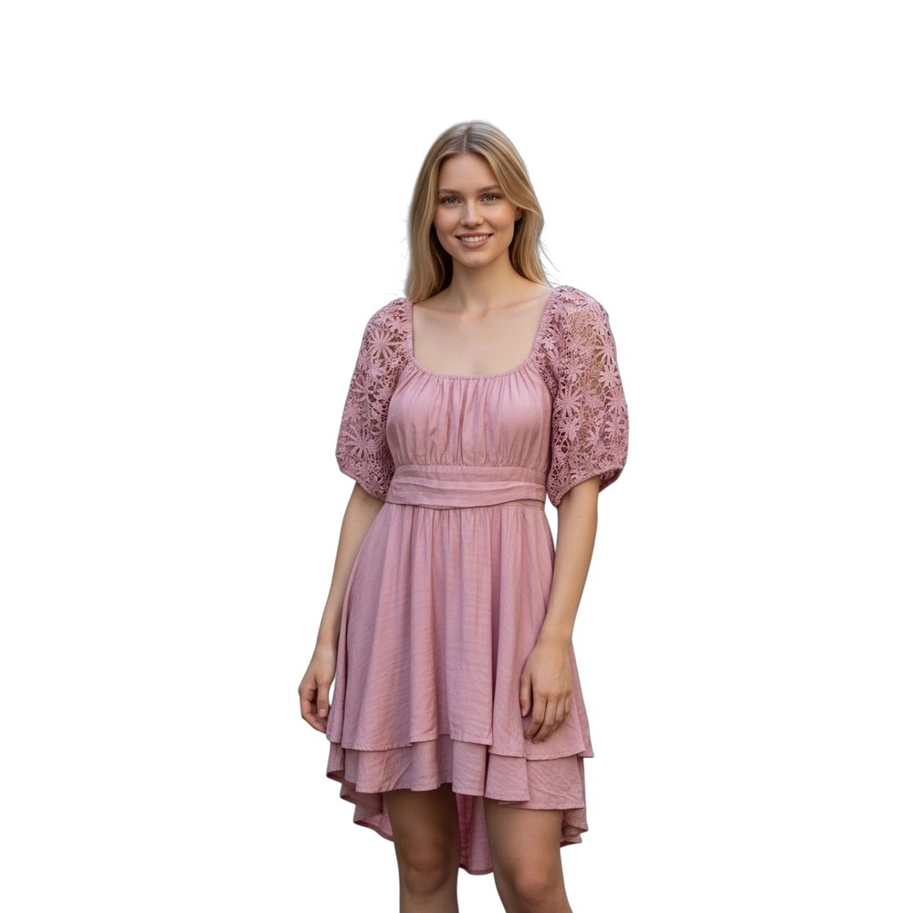 Audrey Parks Pink Lace Sleeve Tiered Mini Dress Open Back Milkmaid XL 2979